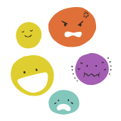 Five round faces with different emotional expressions in a variety of colors.