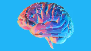 Illustration of human brain using multiple colors against a blue background