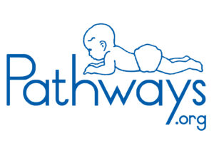 Logo for Pathways.org website, incudes a young baby lying atop the work Pathways