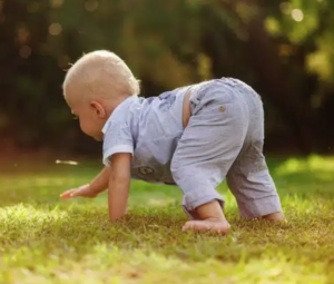 A blonde-haired soon-to-be toddler in light blue clothes moves through the grass on their hands and feet with their bottom up in the air.