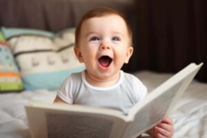 An older baby with reddish hair sits on a bed reading a book almost as big as they are. The baby looks up at the camera and smiles exuberantly.