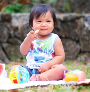 A child sits on a blanket outside with toys and watermelon; grass and a stone wall are seen in the background. 