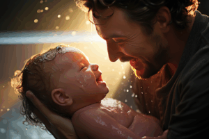 An adult gently bathes a baby, holding them with care. Warm light shows water drops on the baby’s skin and hair.
