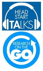 Two blue and white logos; the top on shows a set of headphones around the words, HEAD START TALKS,” while the bottom one shows a white, circular arrow around the words, “RESEARCH ON THE GO.”