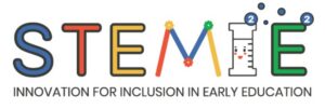 STEMIE logo with colorful letters and a smiling test tube; text reads “Innovation for Inclusion in Early Education.”